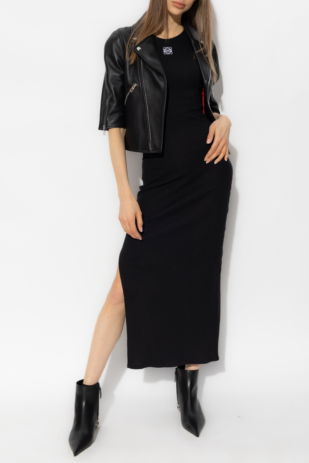 【23AW NEW】LOEWE_women / アシンメトリー レザードレス /Black Loewe Asymmetric Leather Dress in Black | FWRD